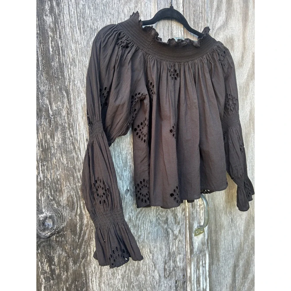 Black Eyelet Blouse Peasant Witch Boho Smocked Puff Sleeve Size M